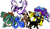 gen 2 sprite of the gold/silver male protagonist alongside an ampharos, feraligatr, lugia, suicune, umbreon, and dragonair